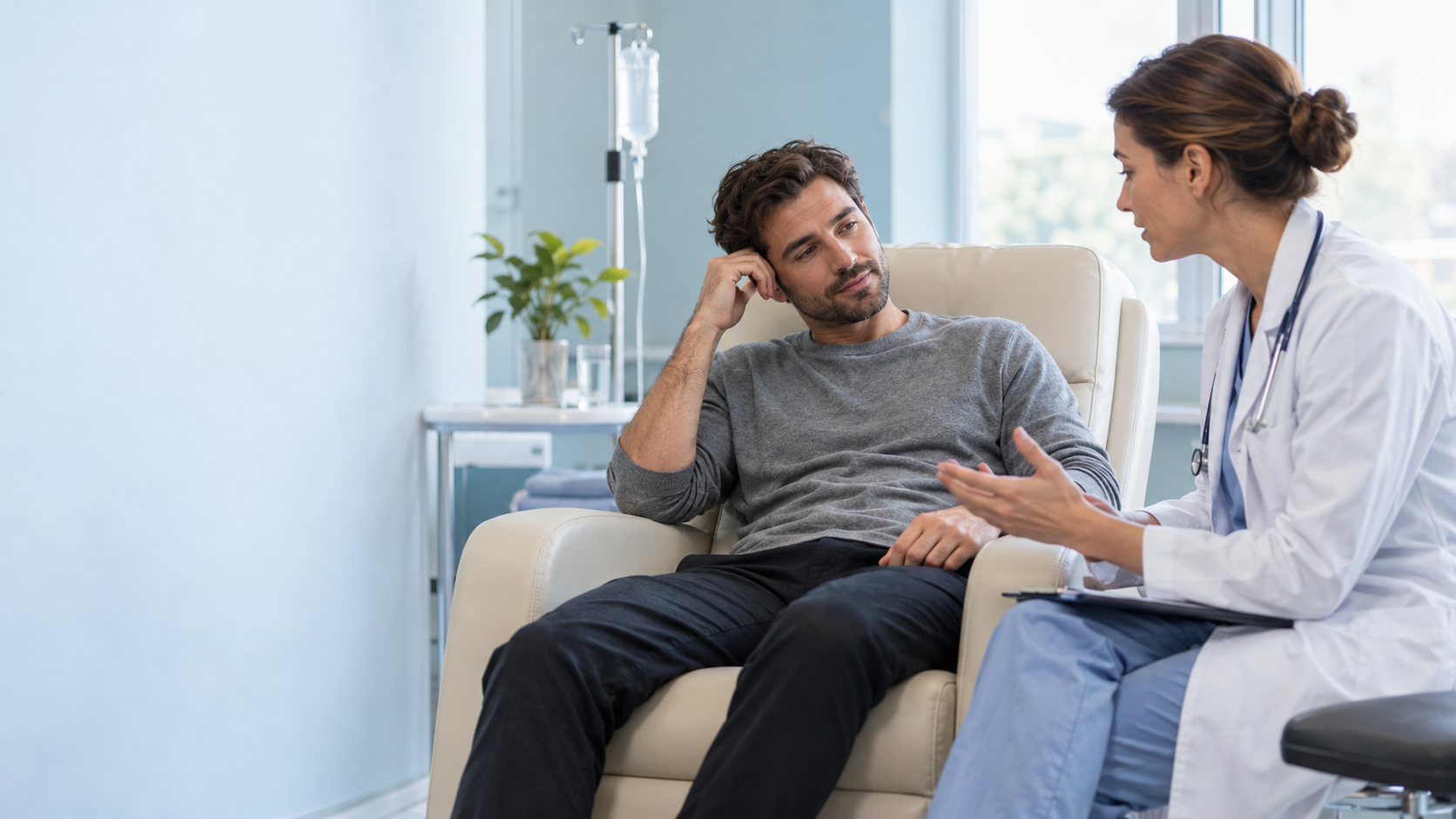 Капельница от похмелья Врач беседует с пациентом, держащимся за голову